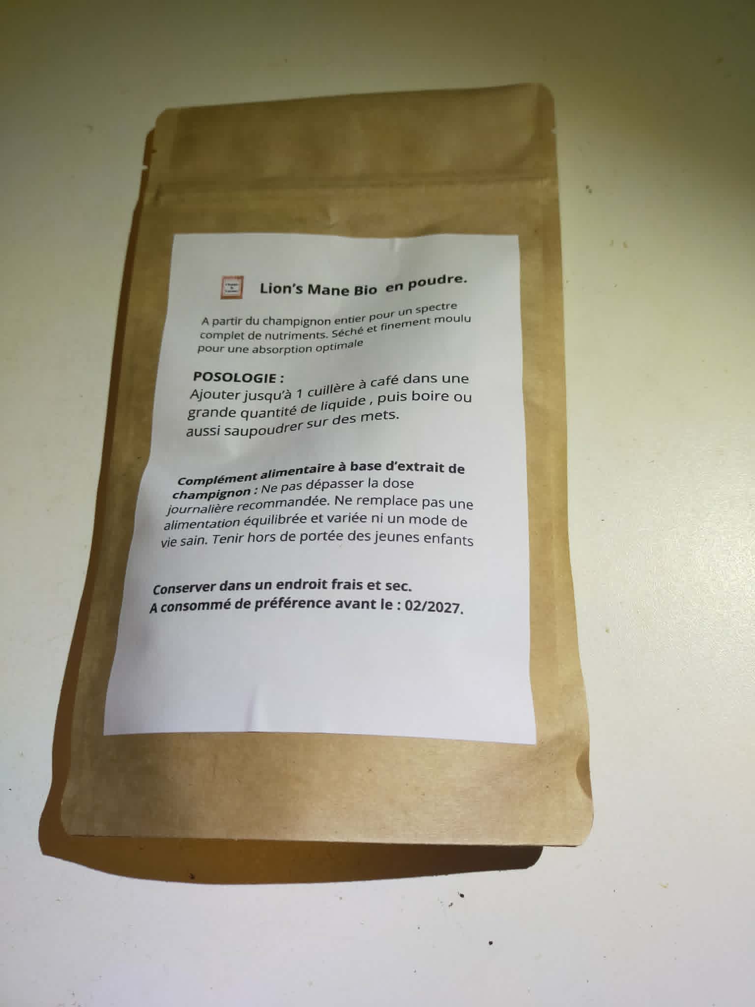 Lion's mane déshydraté en poudre bio - en sachet 50g